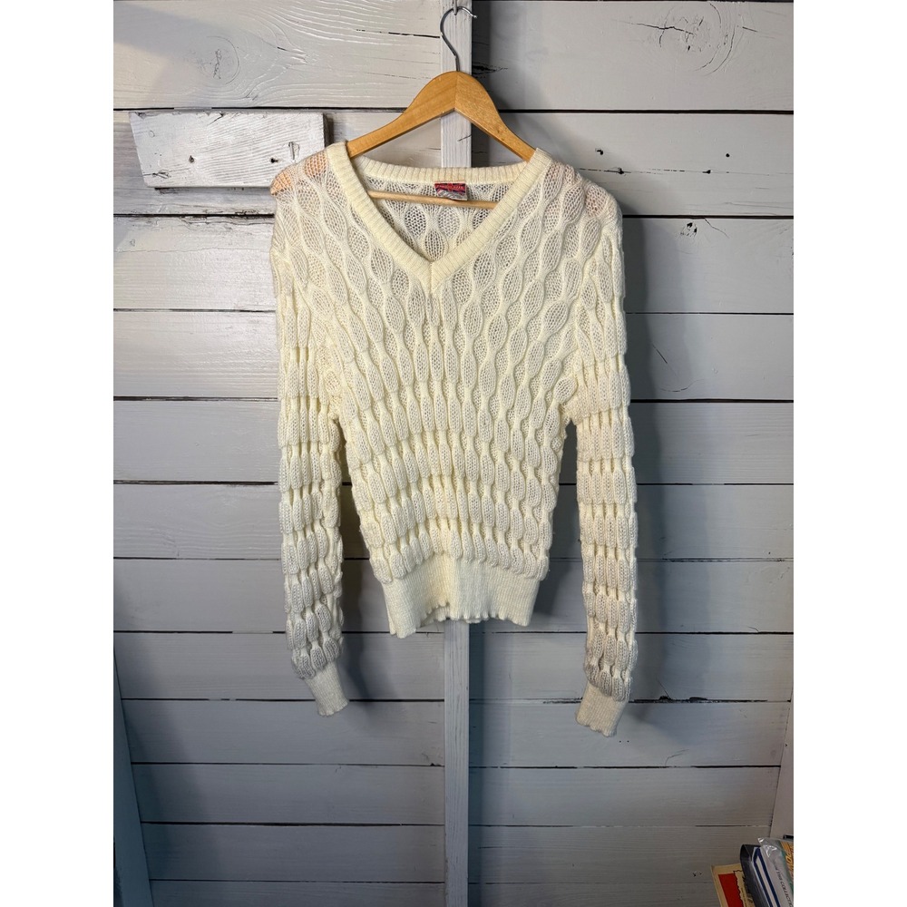 Vintage Cherry Stix Cream Honeycomb Popcorn Knit V-Neck Sweater Women Large